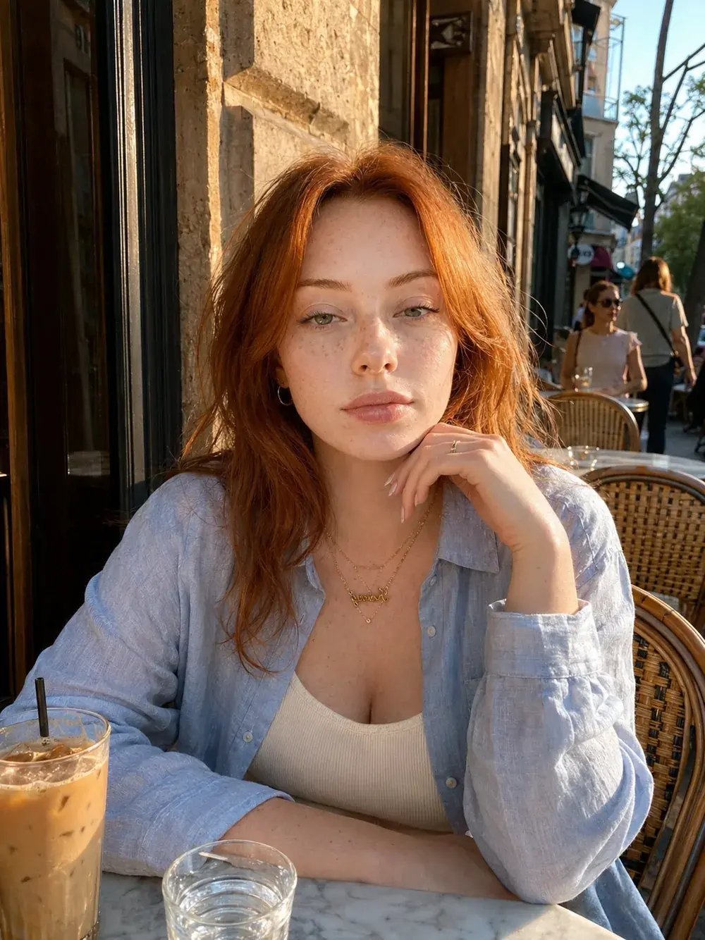 Consistent red-haired AI creator in a daylight café scene