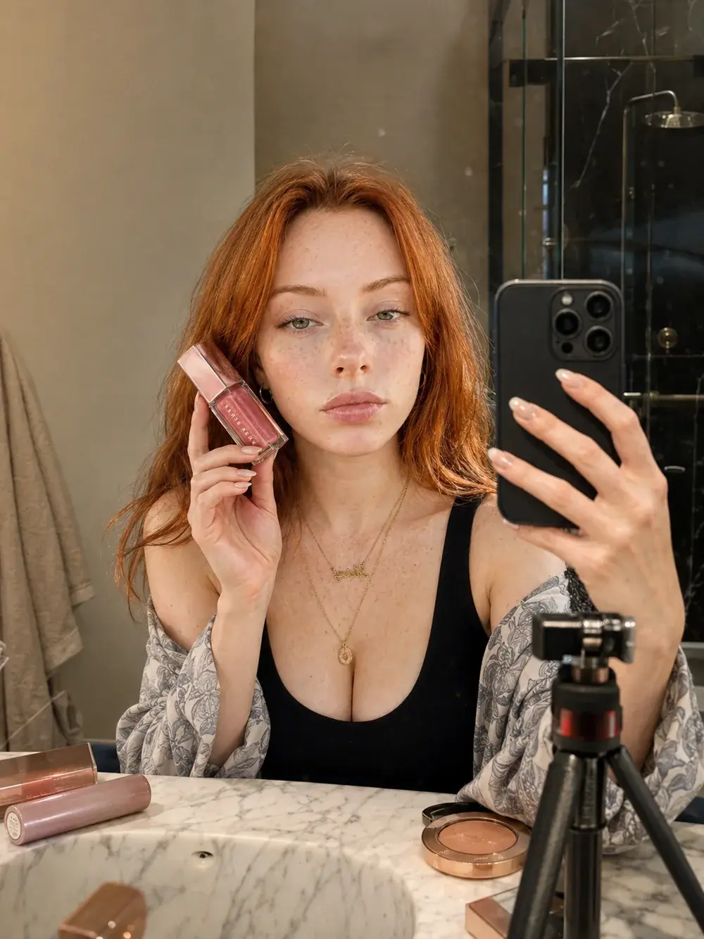 The same AI creator filming a bathroom product scene