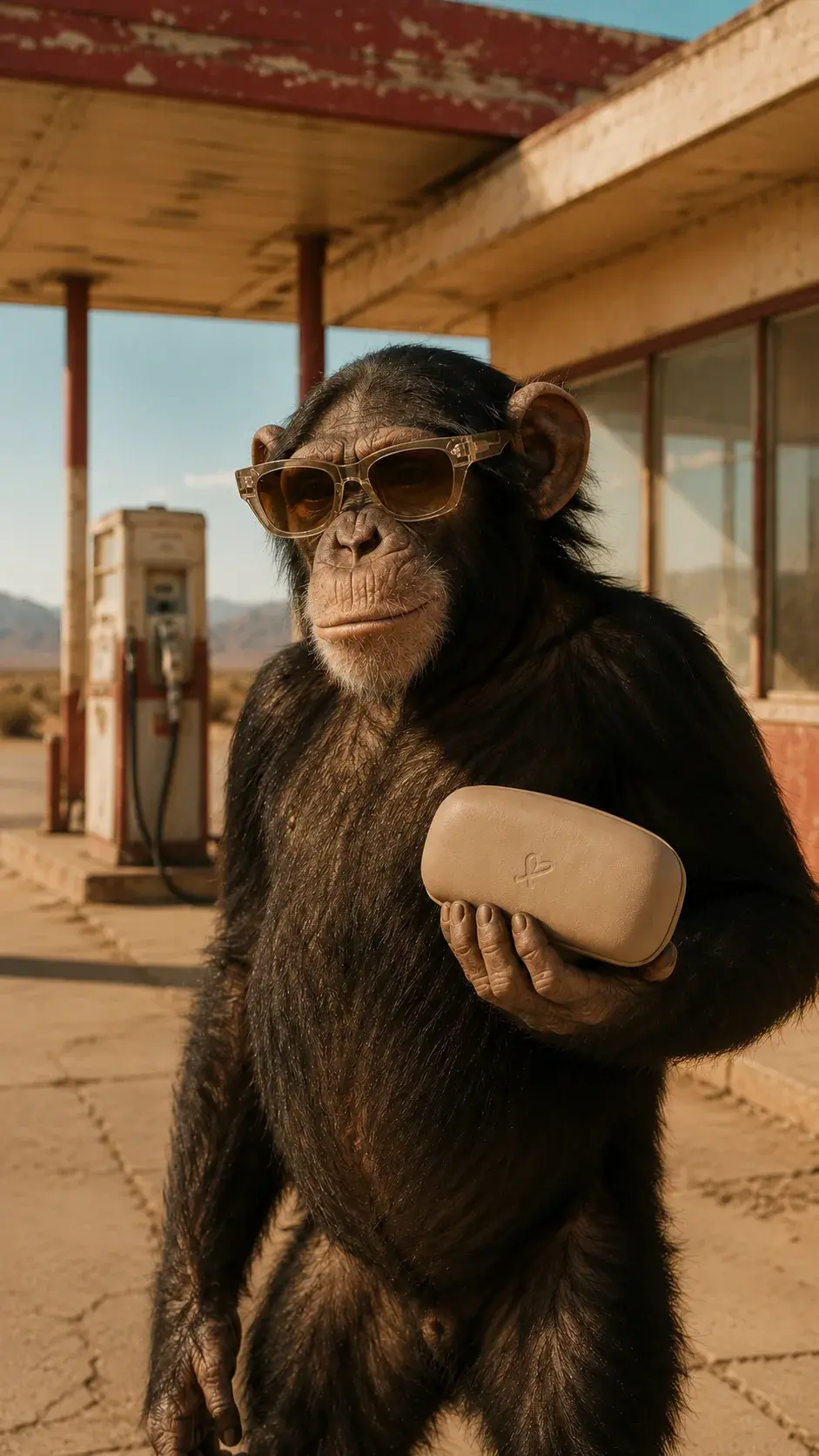 Chimp ambassador character holding the eyewear case