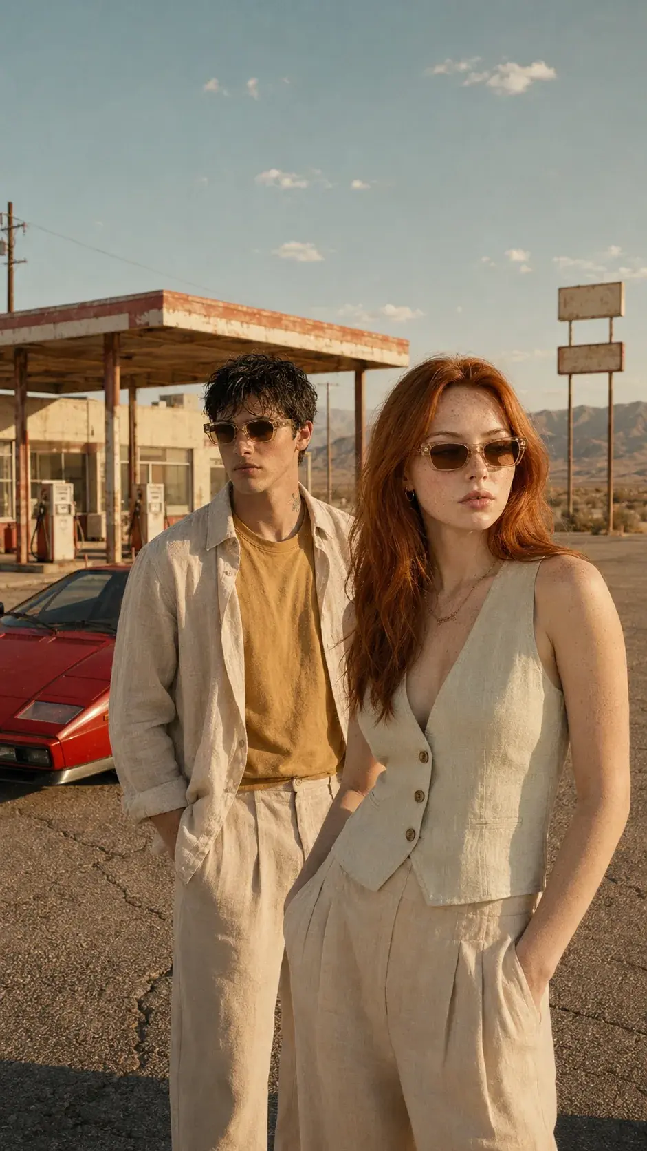 Two campaign models with a red sports car at the desert location