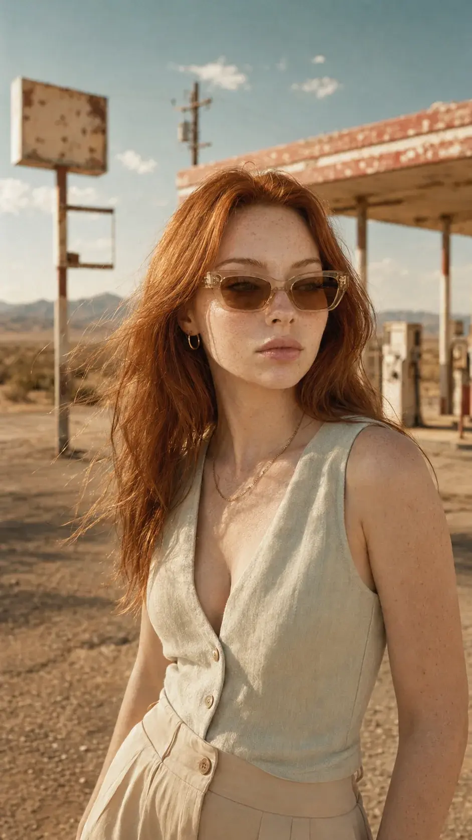 Red-haired female model wearing the campaign eyewear