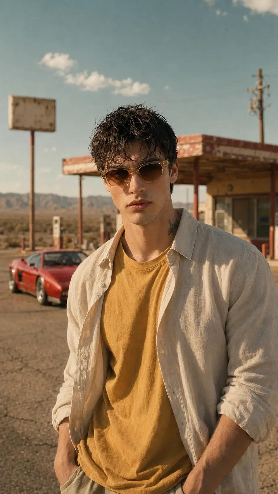 Male model wearing the campaign eyewear in the same desert setting