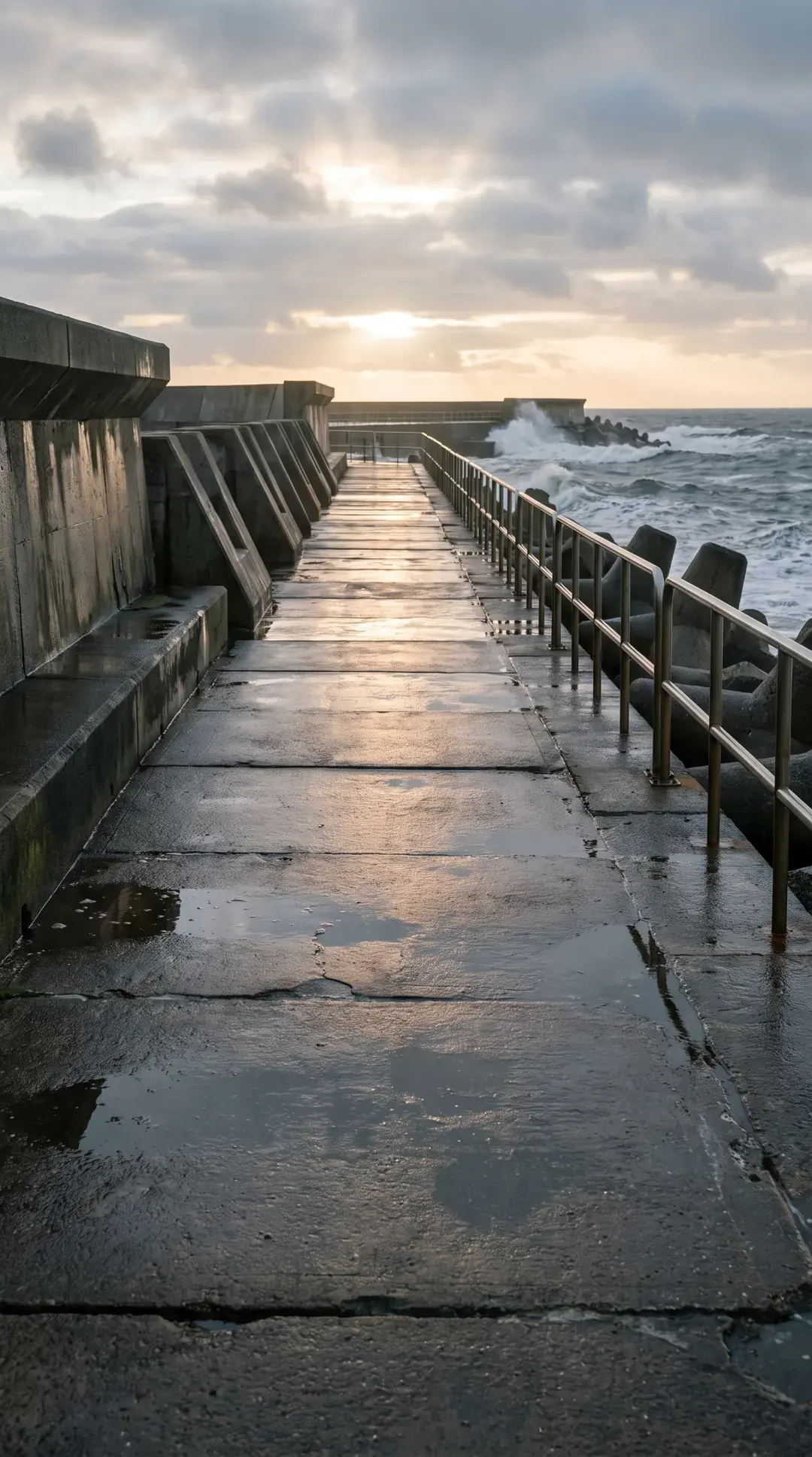 Wet brutalist coastal breakwater environment reference after a storm