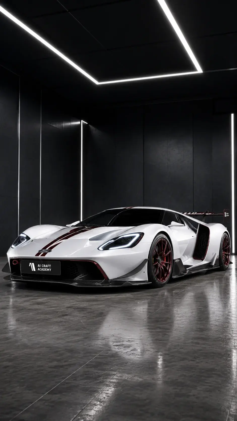 White Ford GT master frame in a dark lighting studio