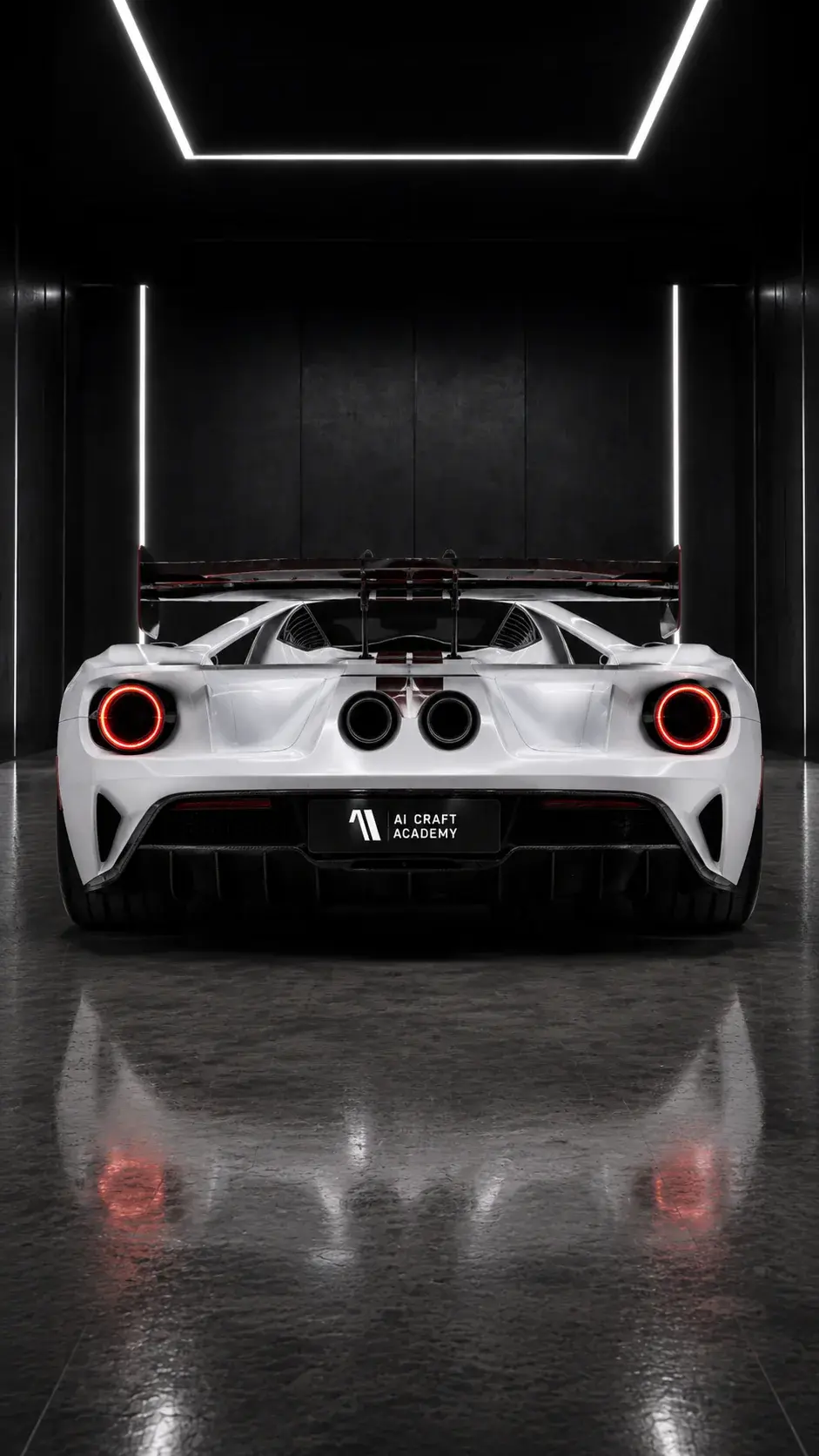 Symmetrical rear Ford GT view with illuminated taillights