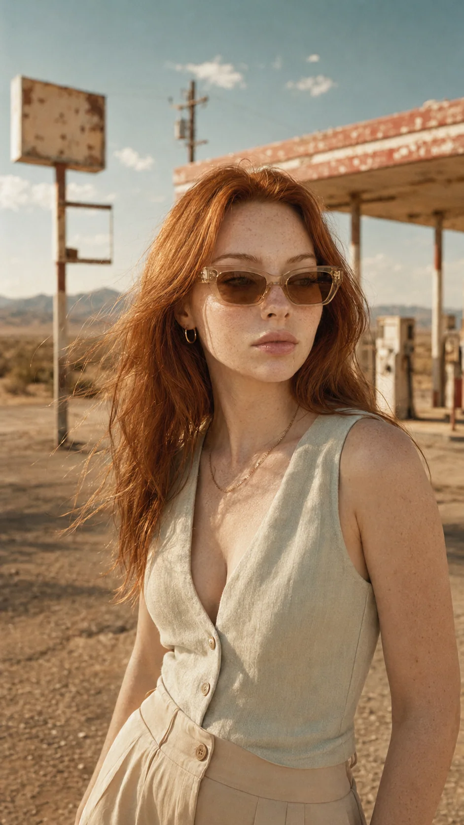 AI-generated model wearing fictional eyewear in the campaign world