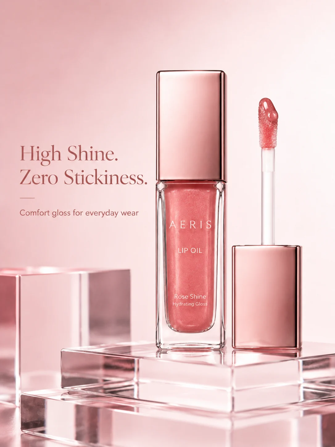 Fictional Aeris lip oil bottle and applicator display