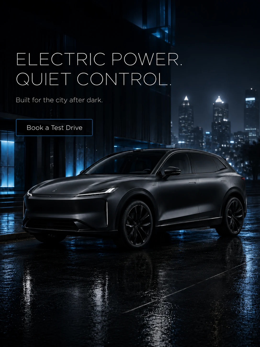 Fictional Aethon electric crossover in a rainy city campaign