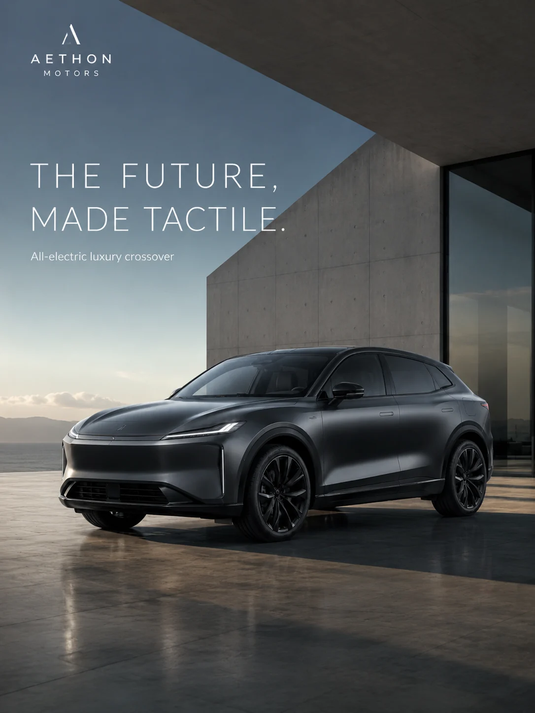 Fictional Aethon electric crossover beside modern architecture