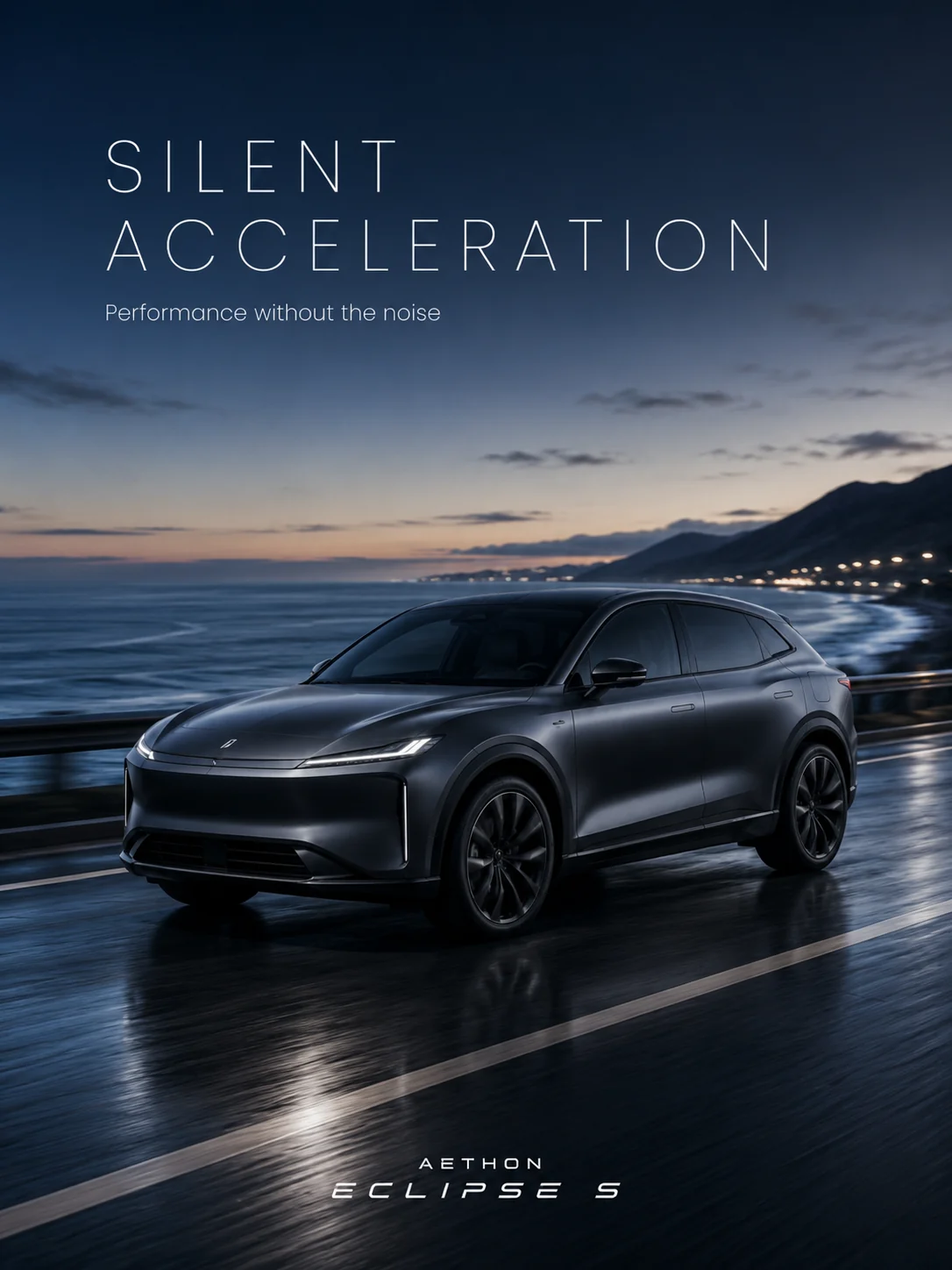 Fictional Aethon electric crossover on a coastal road at dusk