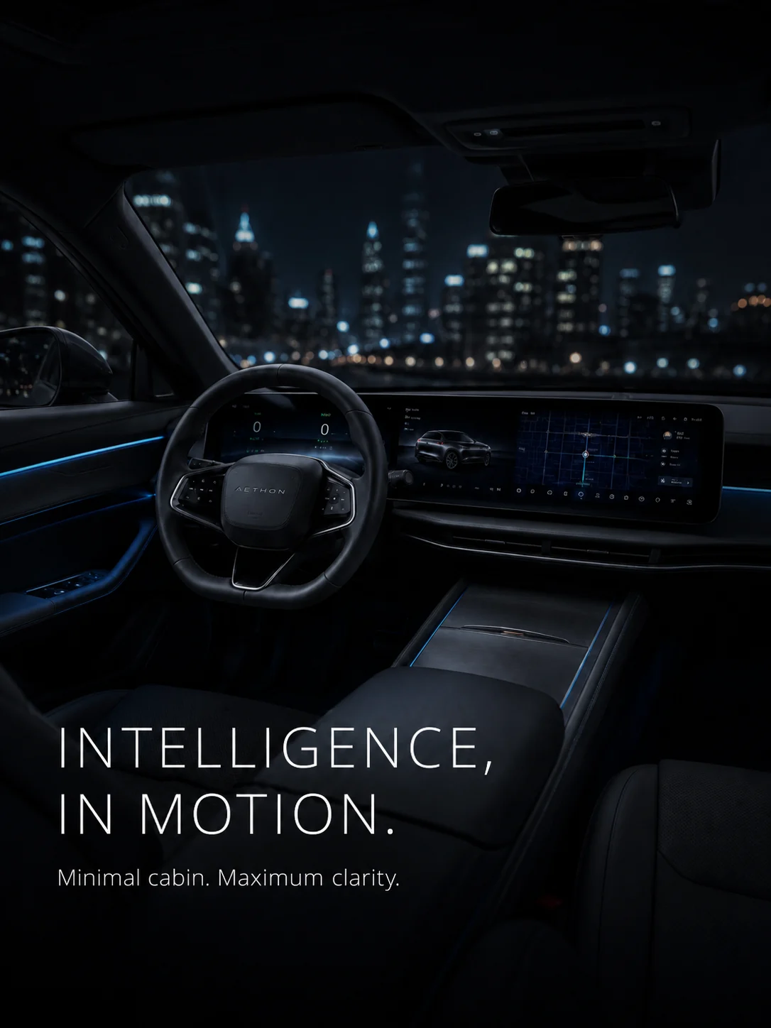 Fictional Aethon vehicle interior in a night city setting
