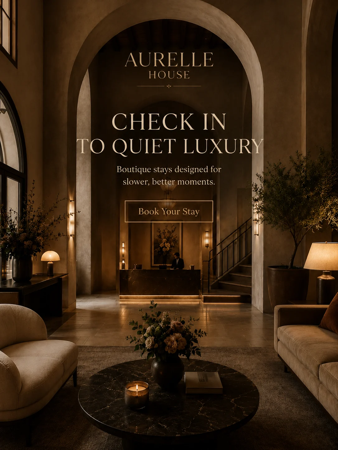 Fictional Aurelle House boutique hotel lobby campaign poster