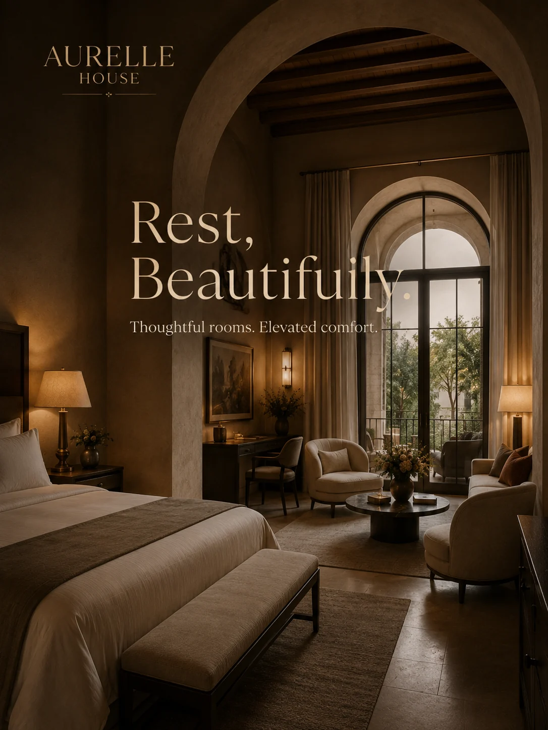 Fictional Aurelle House suite in a calm hospitality layout
