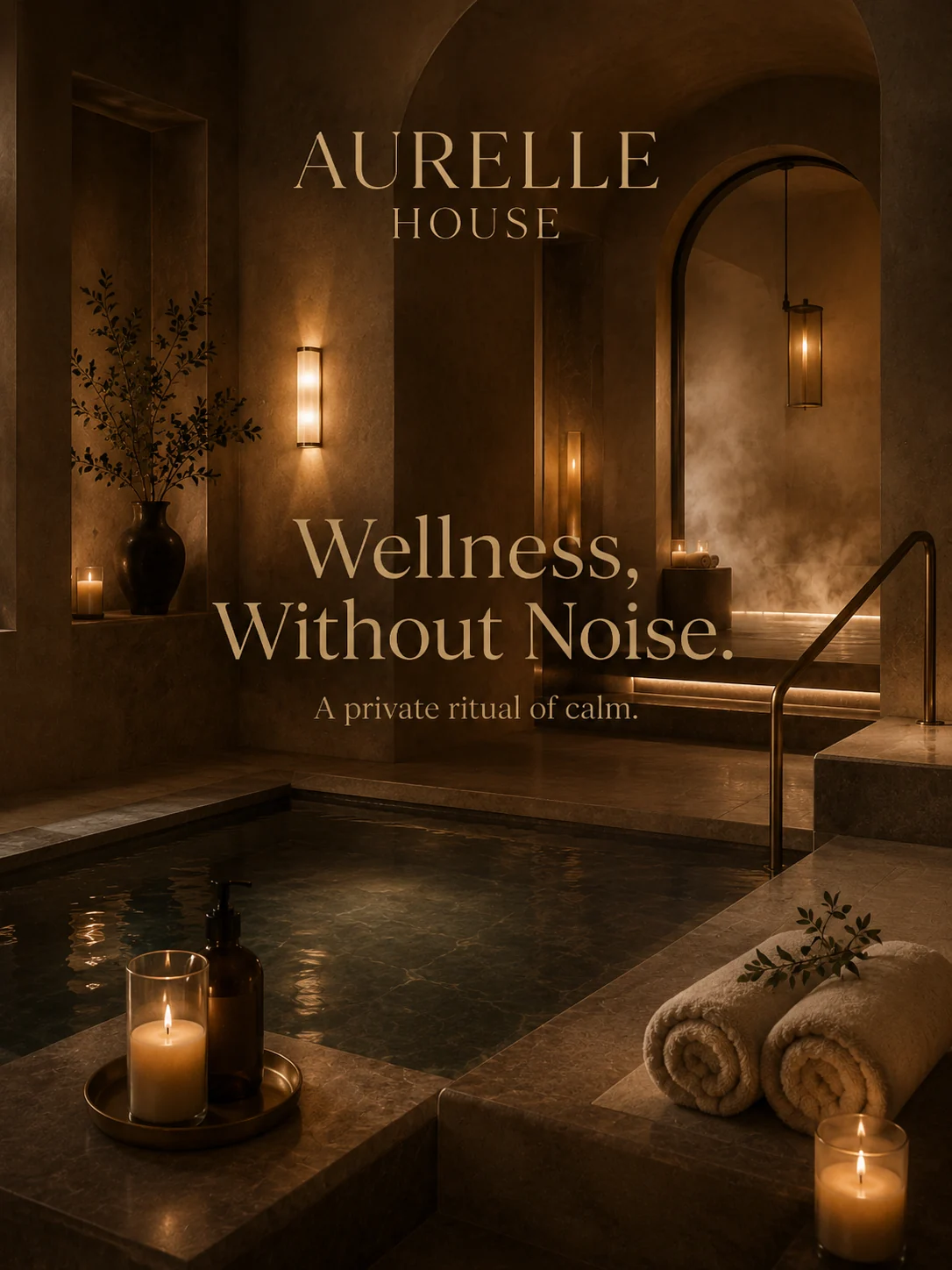 Fictional Aurelle House candlelit wellness scene