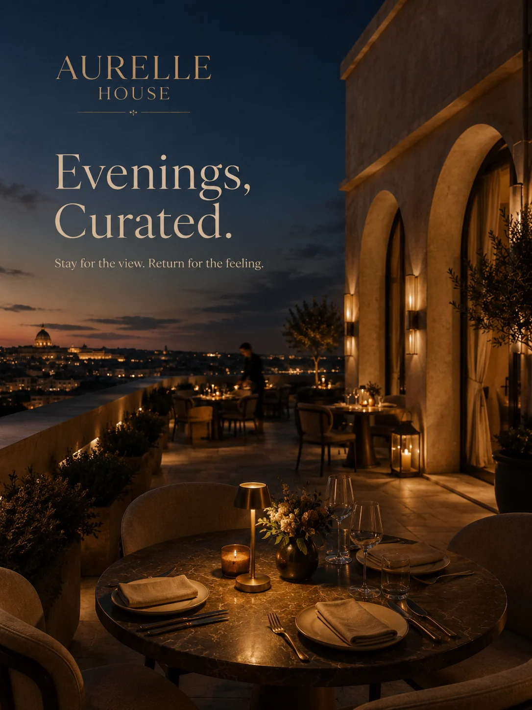 Fictional Aurelle House rooftop dining scene at dusk