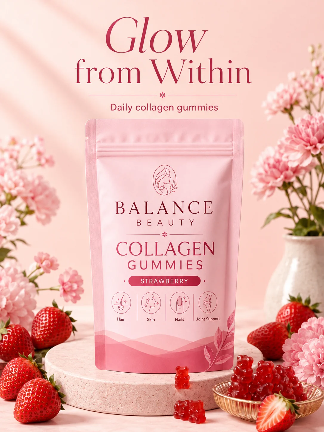 Fictional Balance Beauty strawberry gummy lifestyle layout