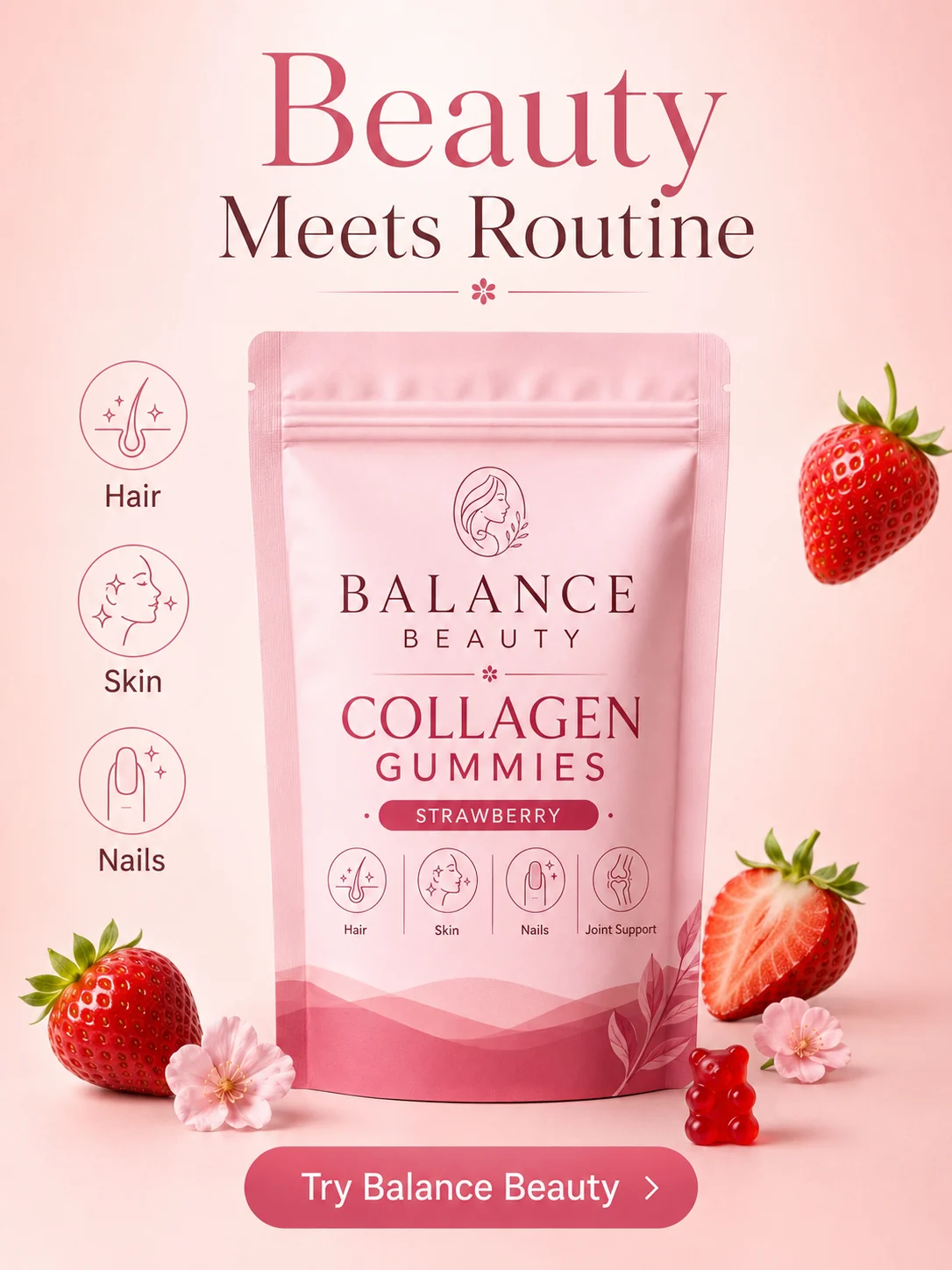 Fictional Balance Beauty gummy routine feature layout