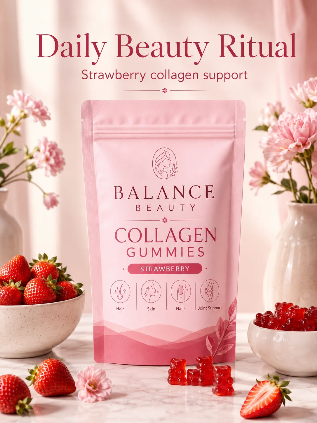 Fictional Balance Beauty gummy package in a floral product scene