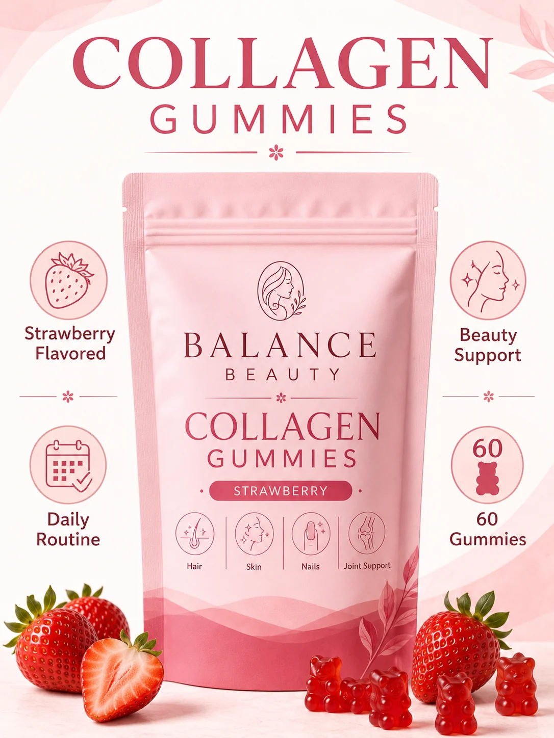Fictional Balance Beauty gummy retail information layout