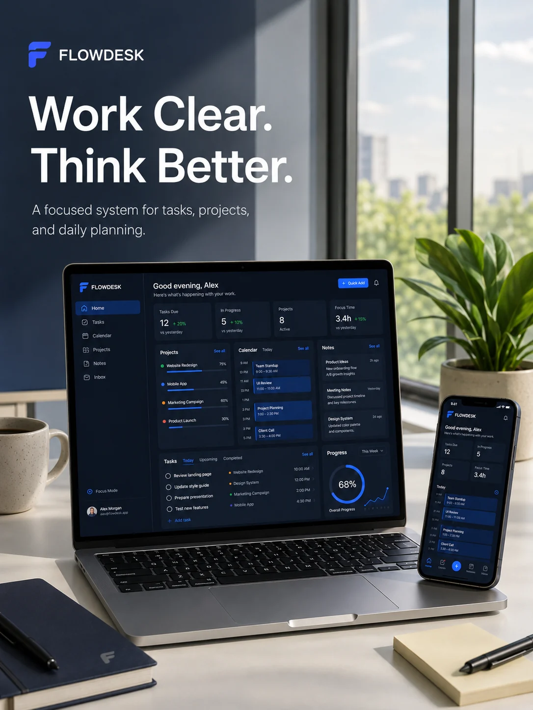 Fictional Flowdesk dashboard in a bright workspace