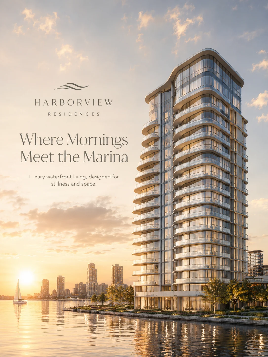 Fictional Harborview residence tower at sunrise by a marina