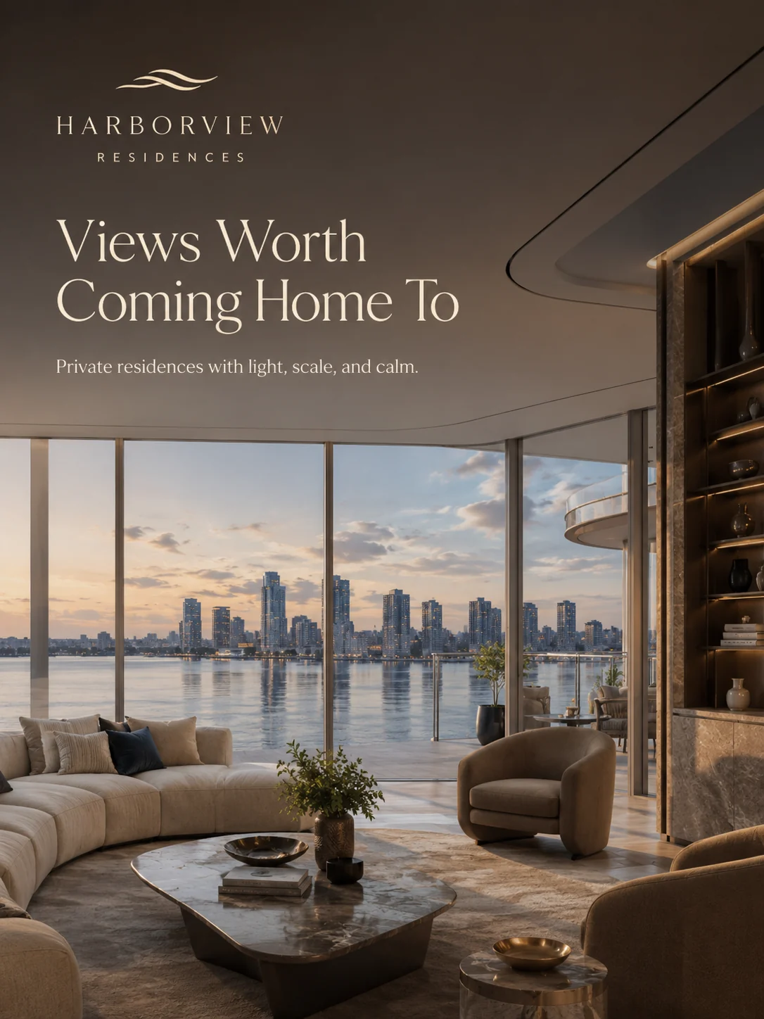 Fictional Harborview apartment interior with a skyline view