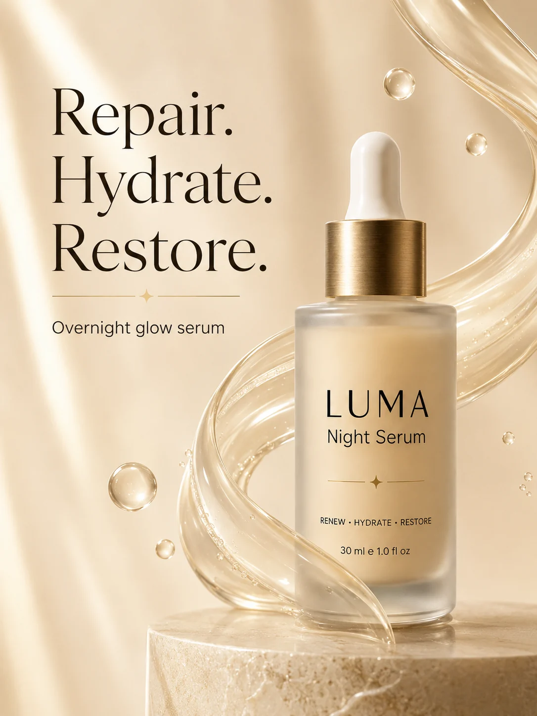 Fictional Luma night serum in a bright texture composition