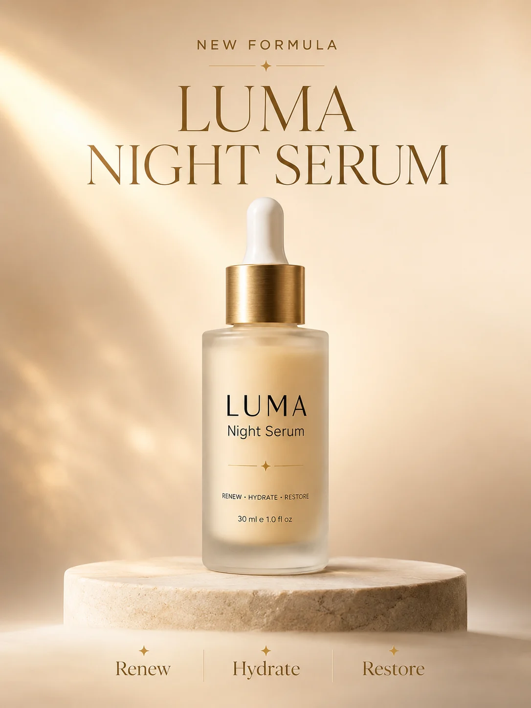 Fictional Luma night serum on a light pedestal