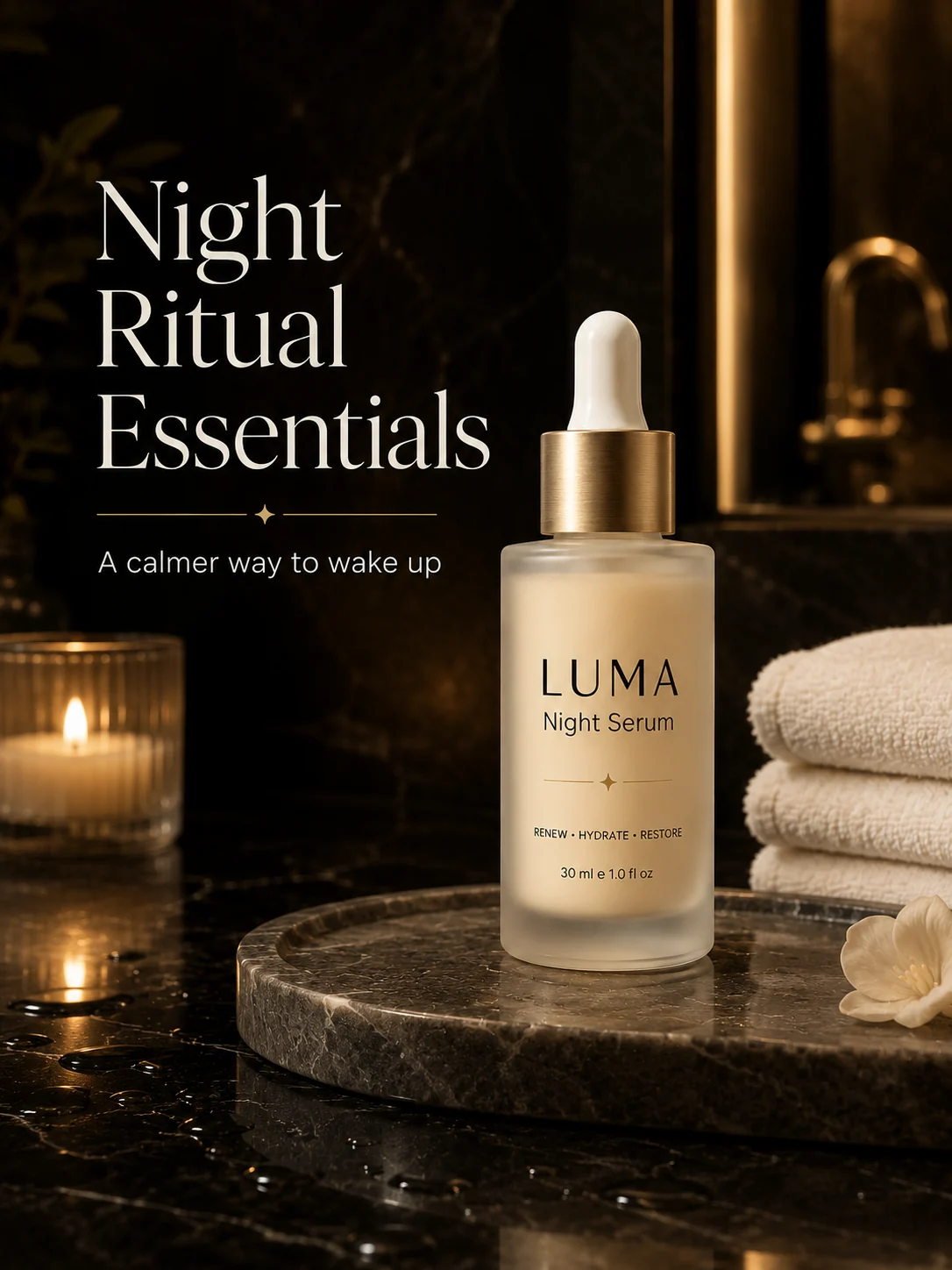 Fictional Luma night serum in a candlelit evening scene