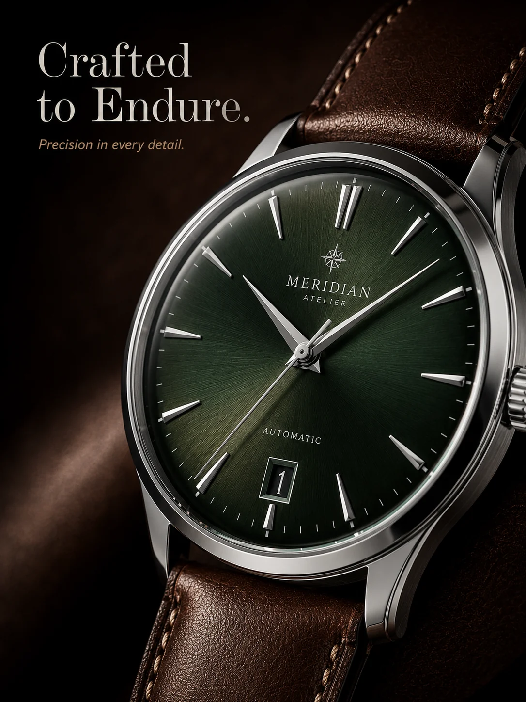 Fictional Meridian automatic watch macro composition