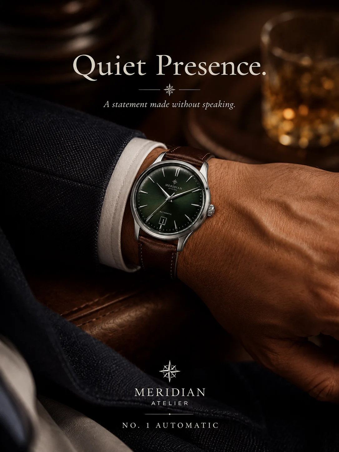 Fictional Meridian automatic watch worn on a wrist