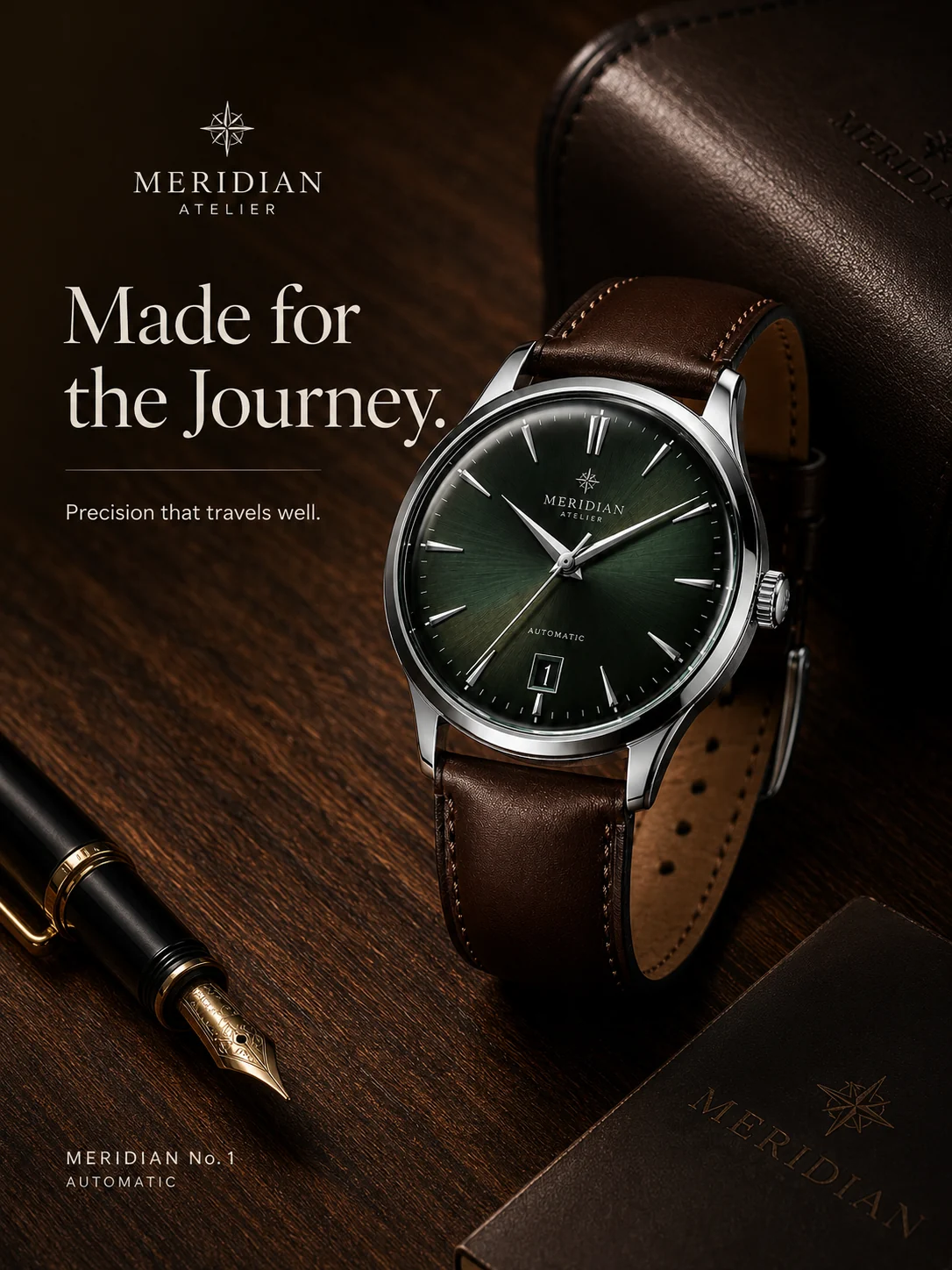 Fictional Meridian watch in a travel editorial still life