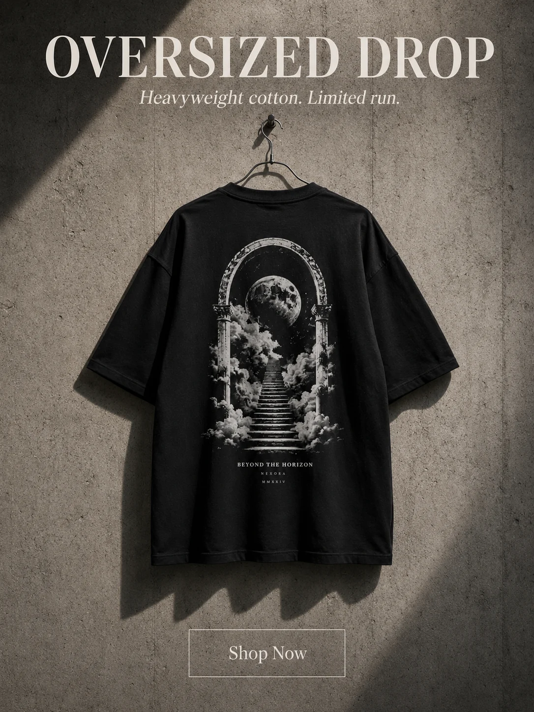 Fictional Nexora oversized black graphic T-shirt drop poster