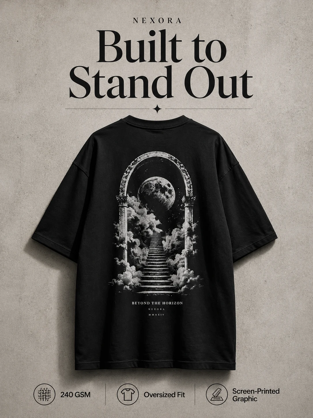 Fictional Nexora graphic T-shirt feature layout
