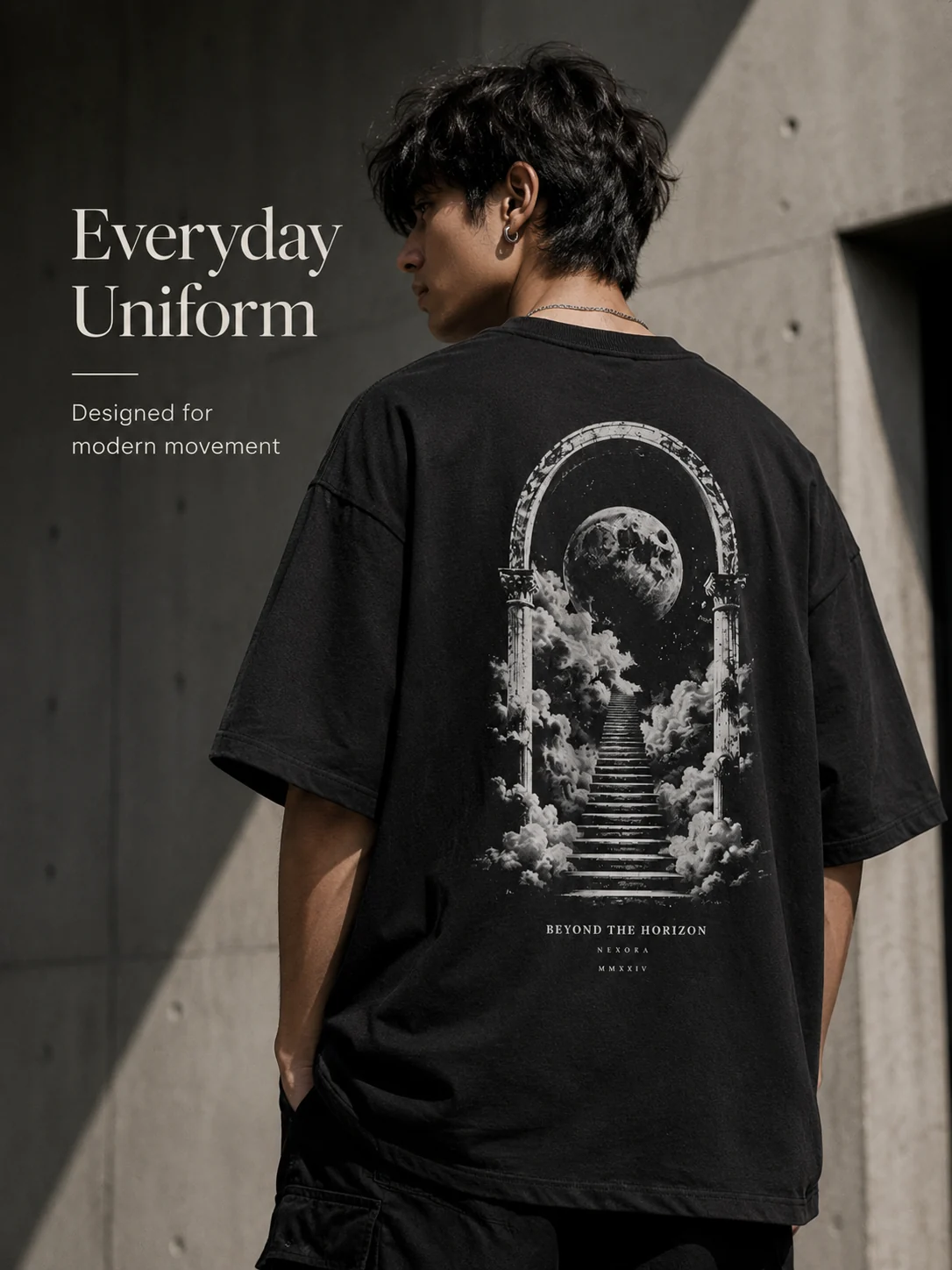 Fictional Nexora graphic T-shirt worn in an editorial scene