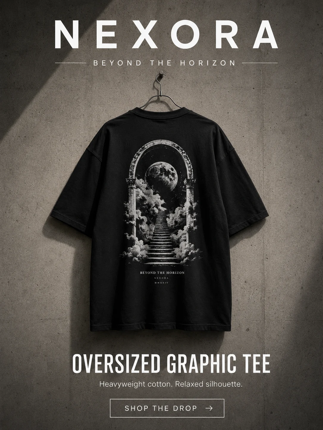 Fictional Nexora oversized T-shirt retail layout