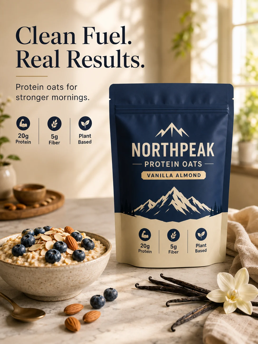 Fictional Northpeak protein oats breakfast campaign