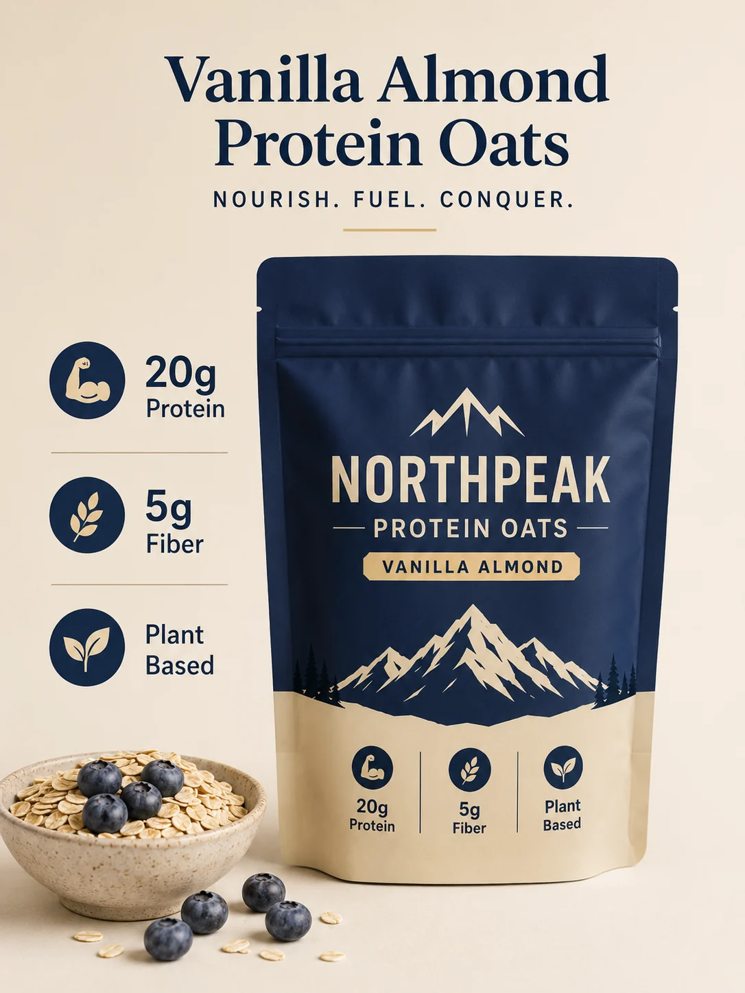 Fictional Northpeak protein oats package feature layout