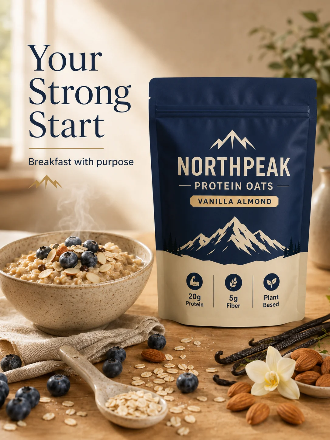 Fictional Northpeak oats in a morning breakfast scene