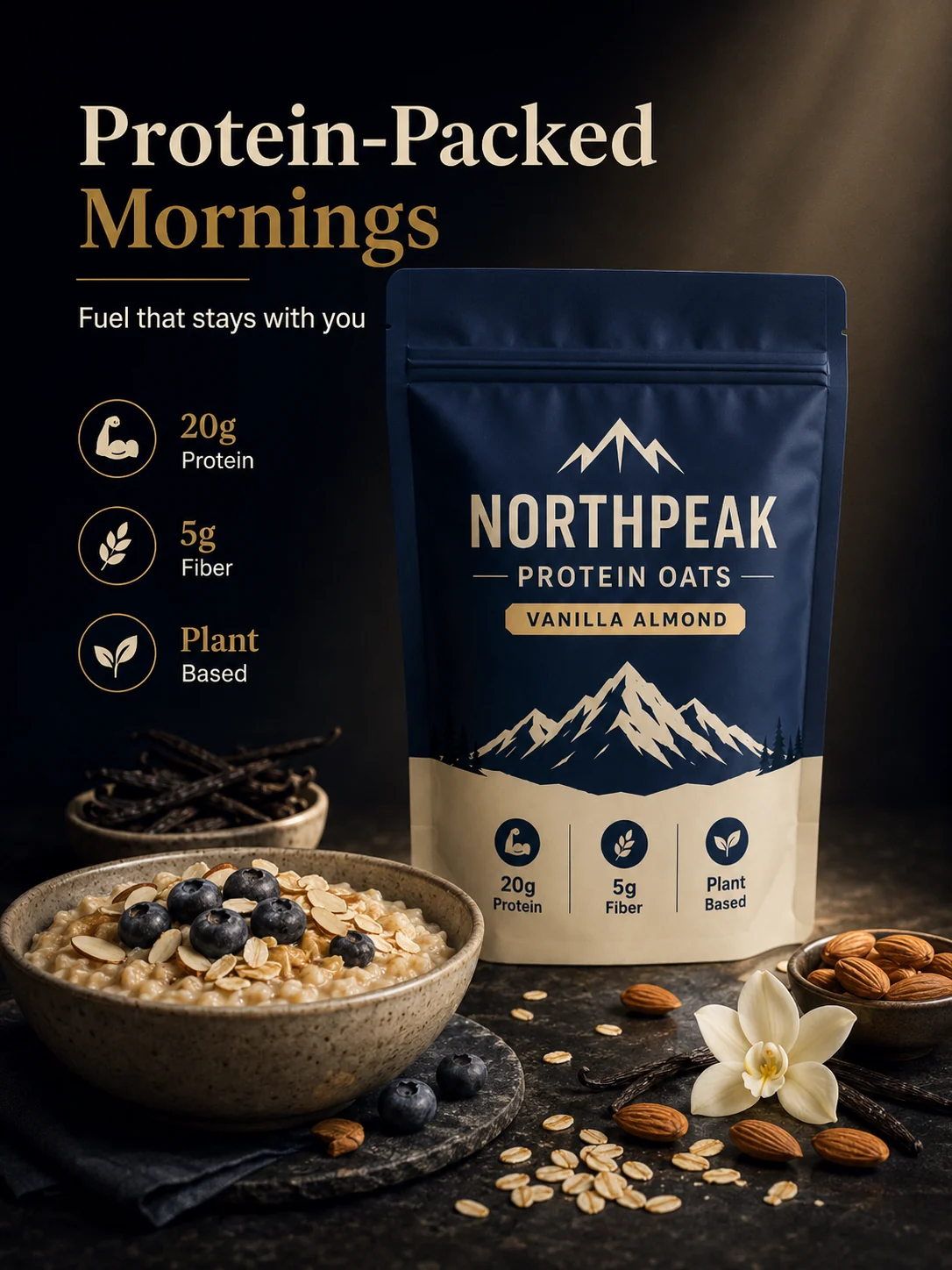 Fictional Northpeak protein oats dark product poster