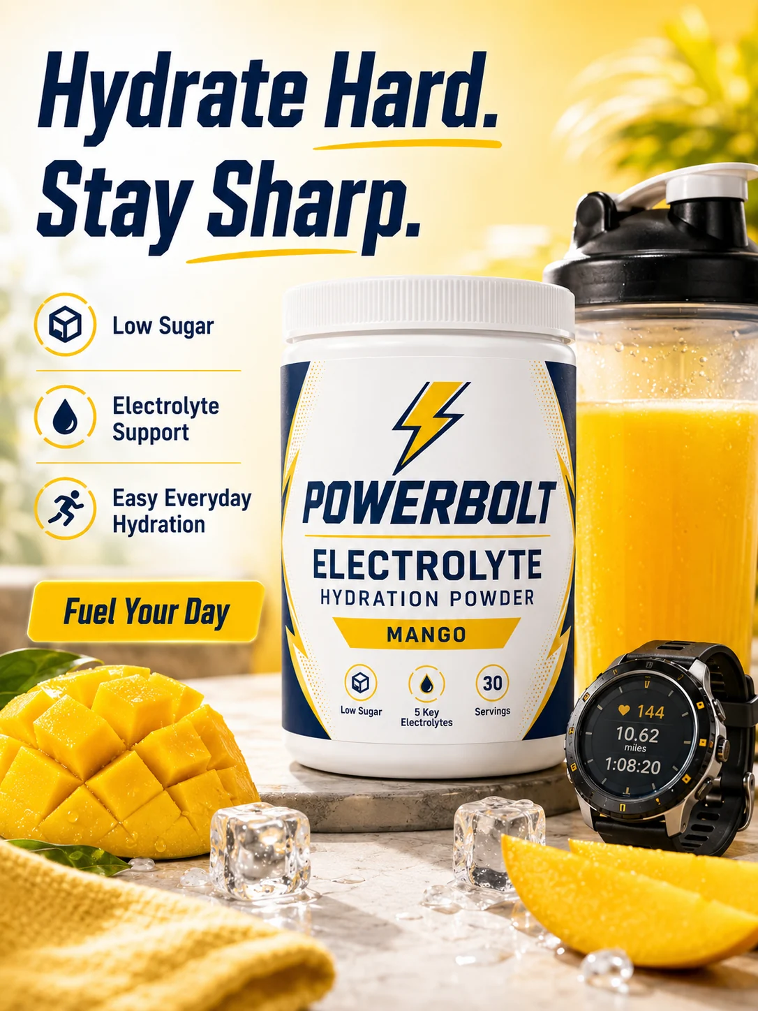 Fictional Powerbolt mango hydration powder utility layout