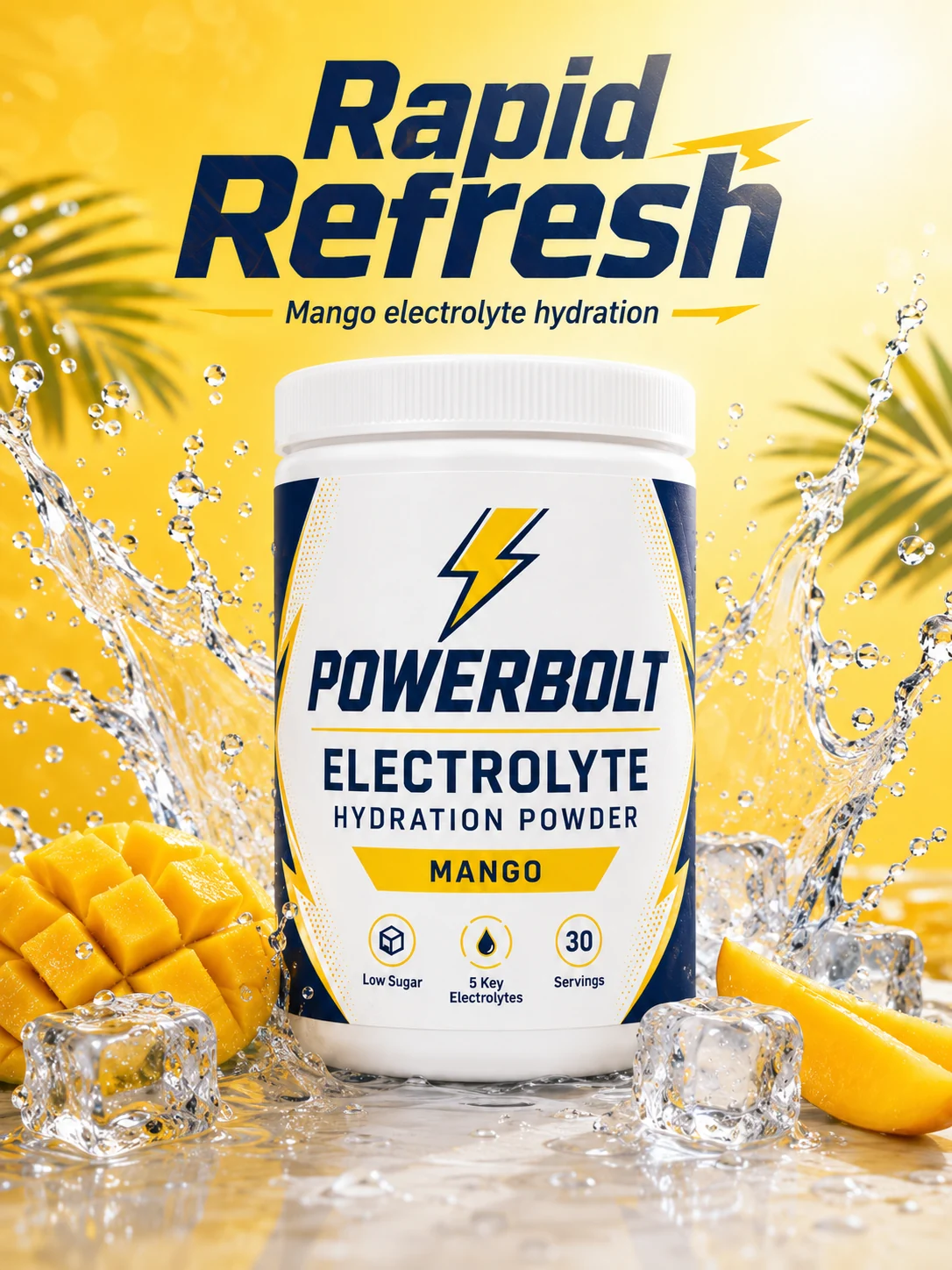Fictional Powerbolt mango hydration powder splash poster