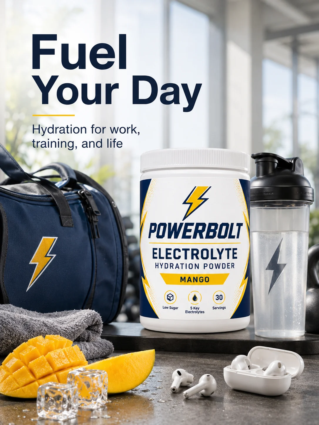 Fictional Powerbolt hydration powder in a gym context