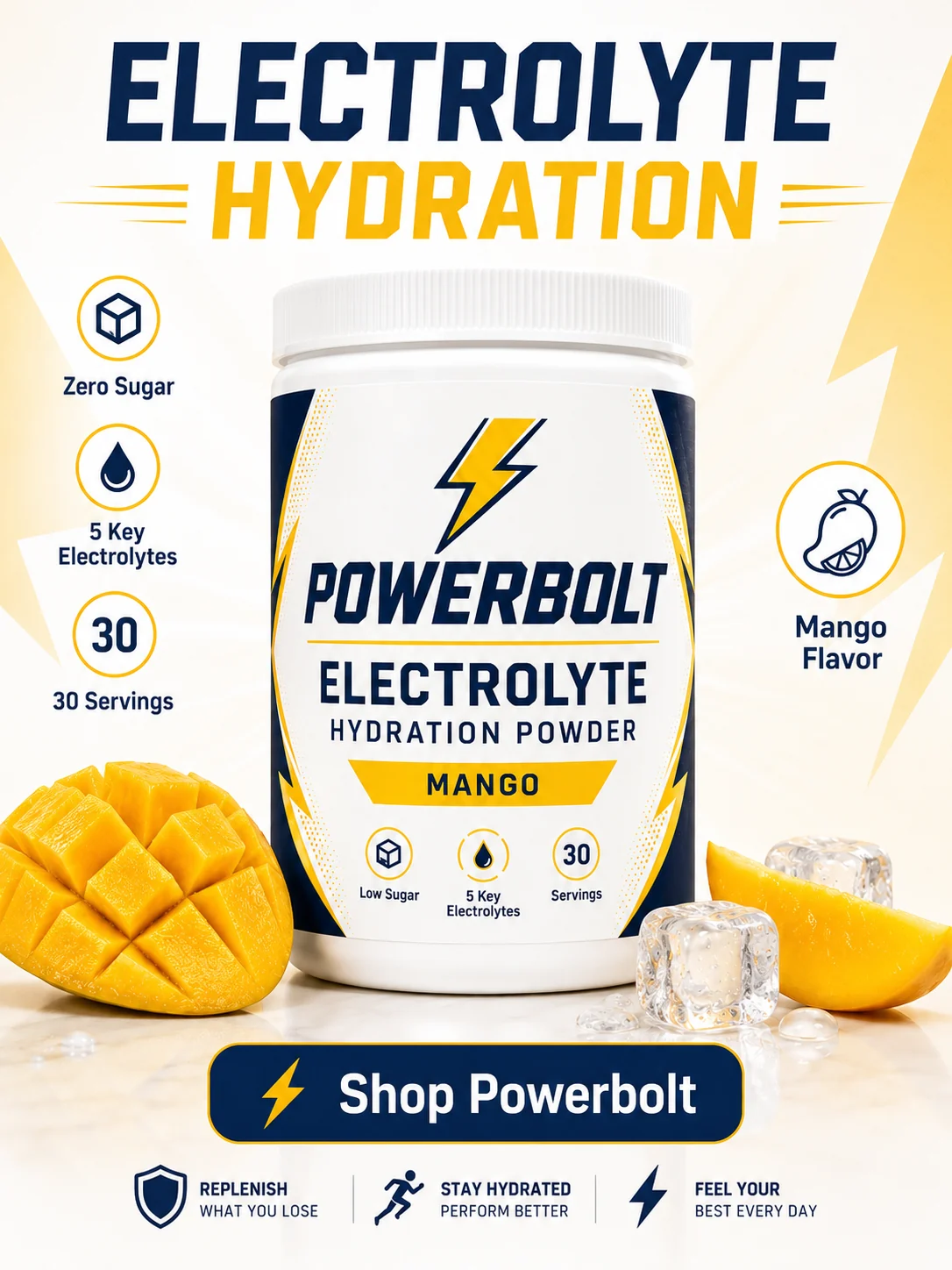 Fictional Powerbolt hydration powder retail layout