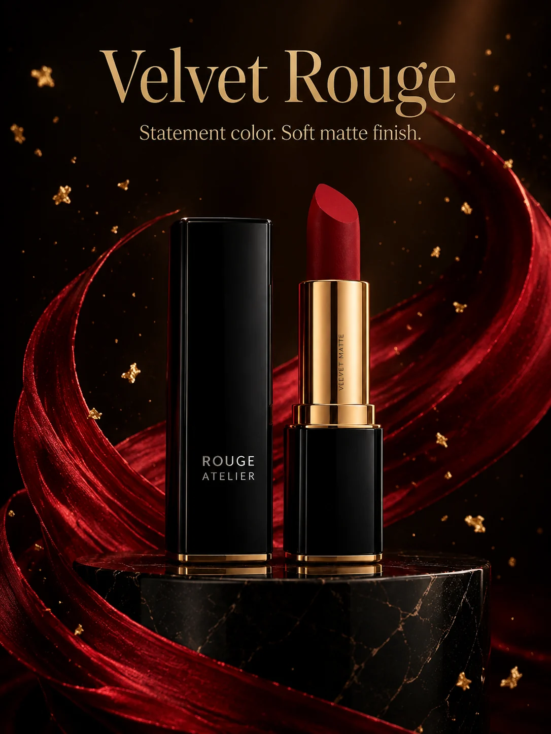 Fictional Rouge Atelier lipstick with a velvet red texture