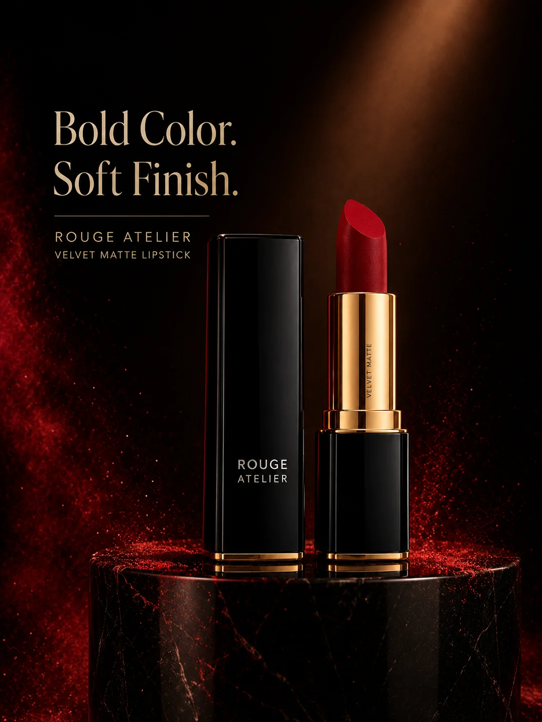 Fictional Rouge Atelier lipstick pair in a red product scene