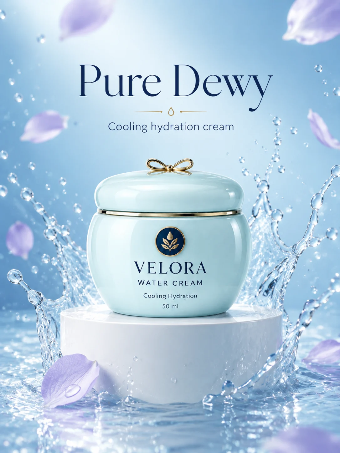 Fictional Velora water cream in a splash composition