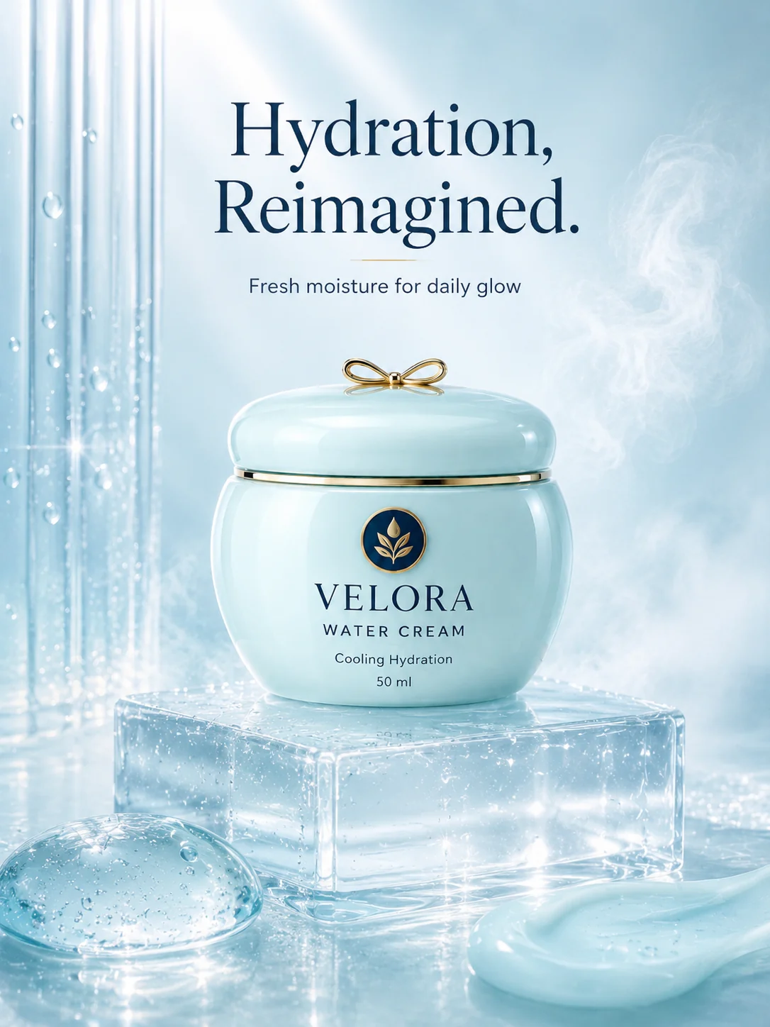 Fictional Velora water cream jar on a glass pedestal