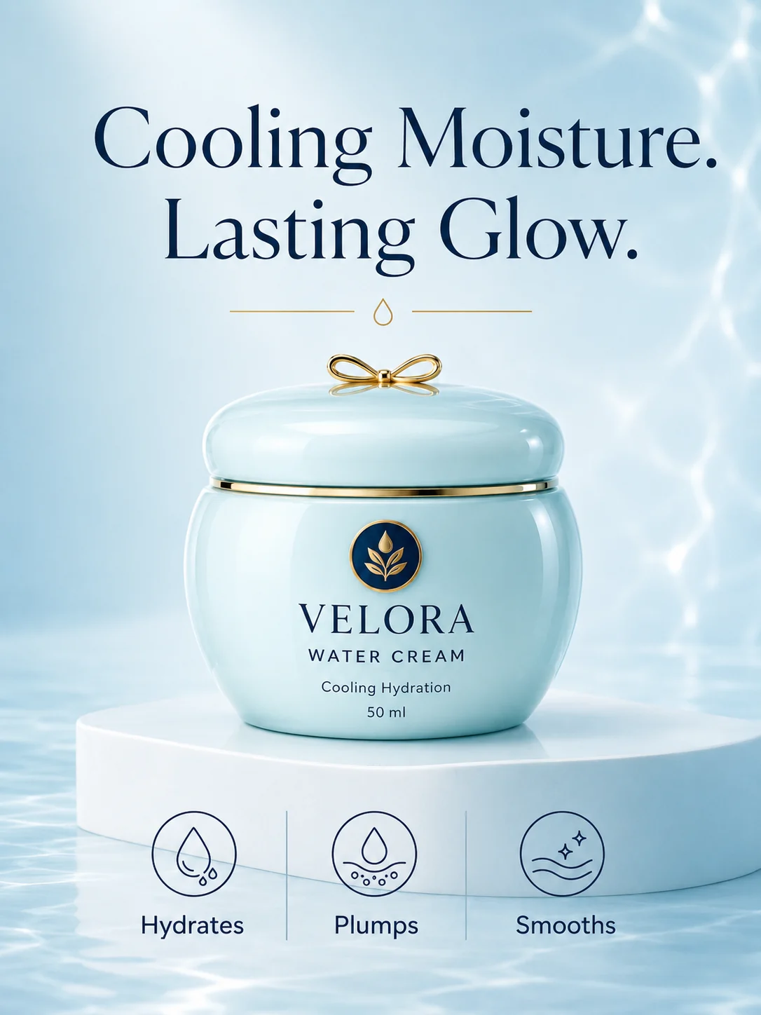 Fictional Velora water cream feature layout