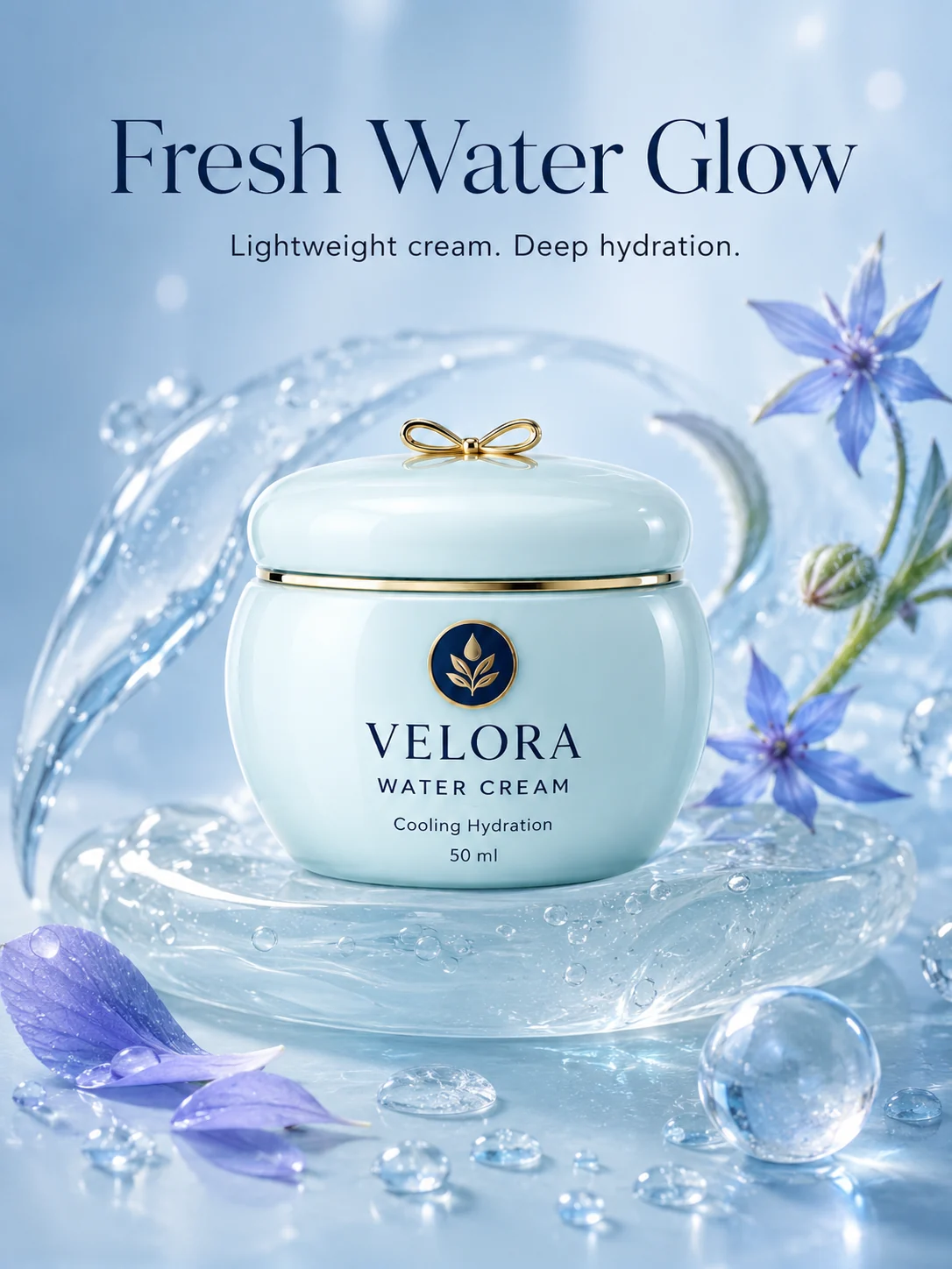 Fictional Velora water cream in a floral water scene